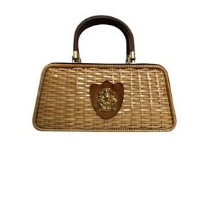 Vintage 1960s Hong Kong Wicker Box Purse Crest Top Handle Handbag Rattan
